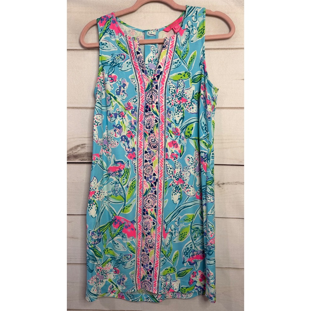 Lilly Pulitzer Blue Floral Sleeveless Tassel Shift Dress Size 2 RN 88189
